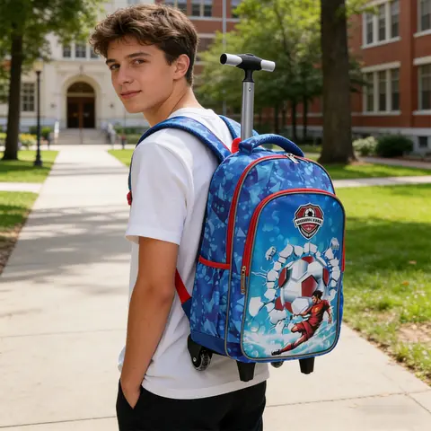 3PCS Rolling Backpack For Boys, Kids Travel Bag, Luggage Bag, Bookbag with Wheels, with Lunch Box And Pen Bag, Syk Blue Cartoon Soccer Pattern, Nighttime Reflective