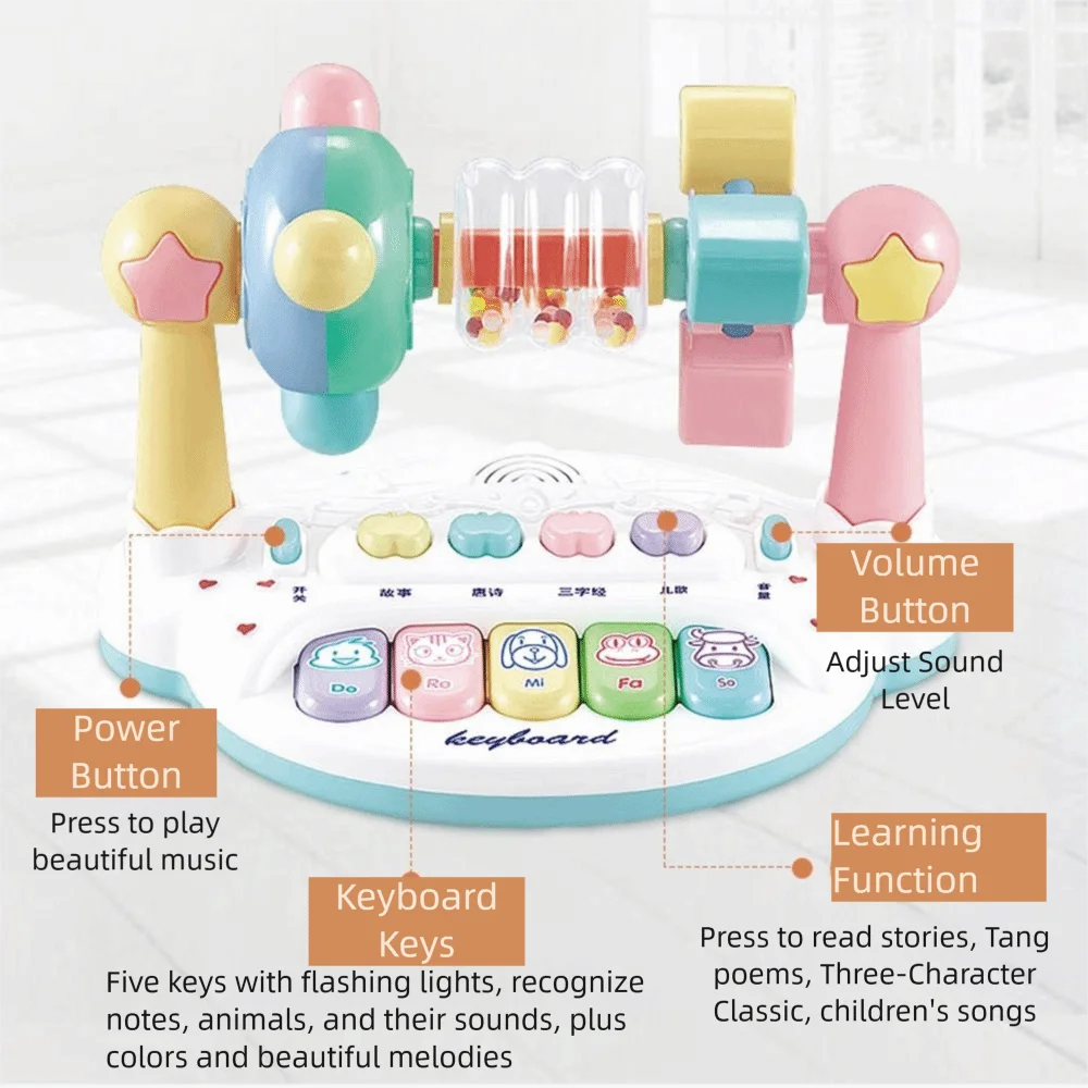 Interactive Baby Music Piano Toy with Light Sound Rotating Bell Rotating Music Piano Music Instrument Electric Flashing
