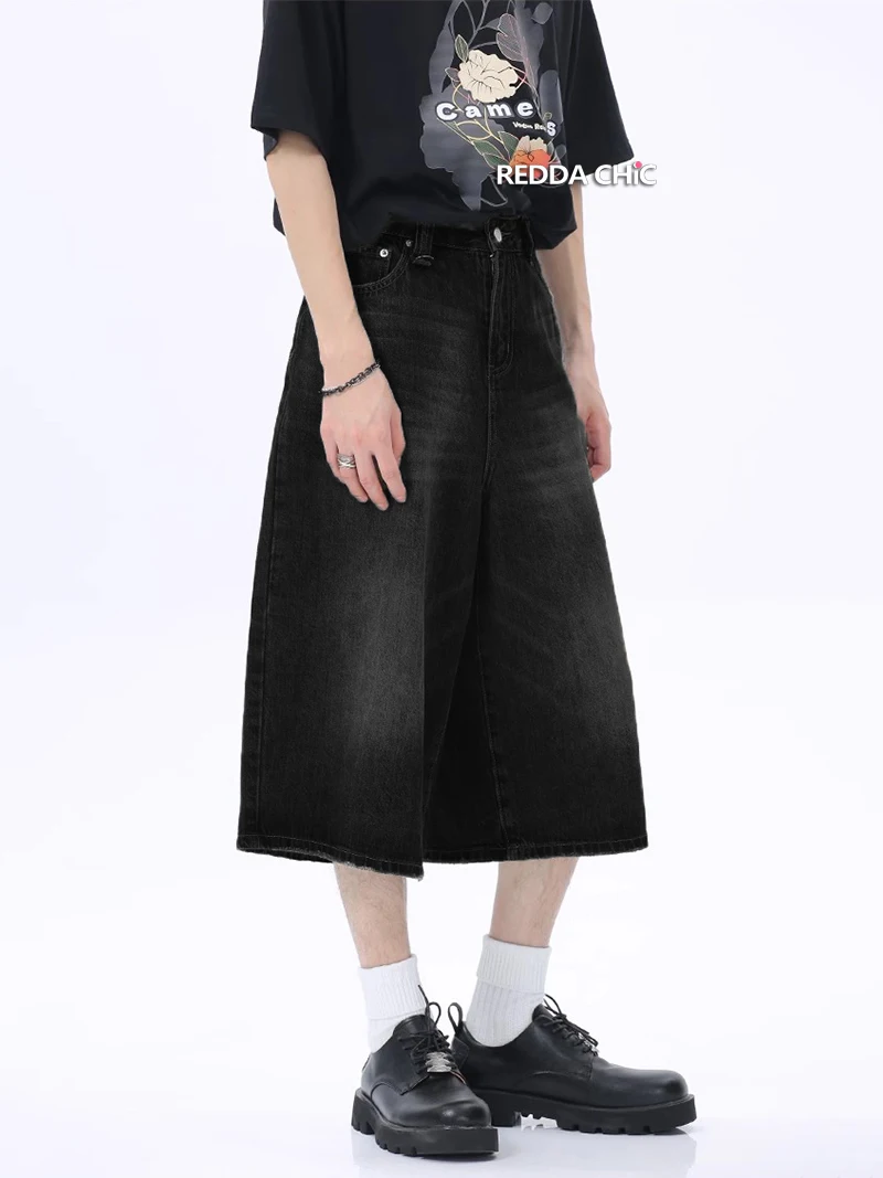 ReddaChic Acubi Fashion Brushed Baggy Jorts Men Vintage Black Raw Edge Loose Casual Denim Shorts Y2k Hiphop Wide Leg Short Pants