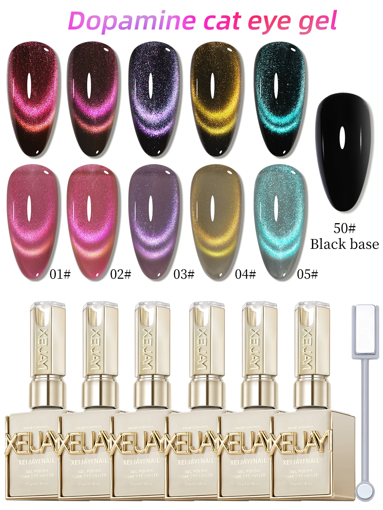 XEIJAYI 15ml 6pcs Cat Eye Gel Nail Polish Set, Sparkling Translucent Effect for Salon, 5 Colors Cat Eye with Black Color Quality