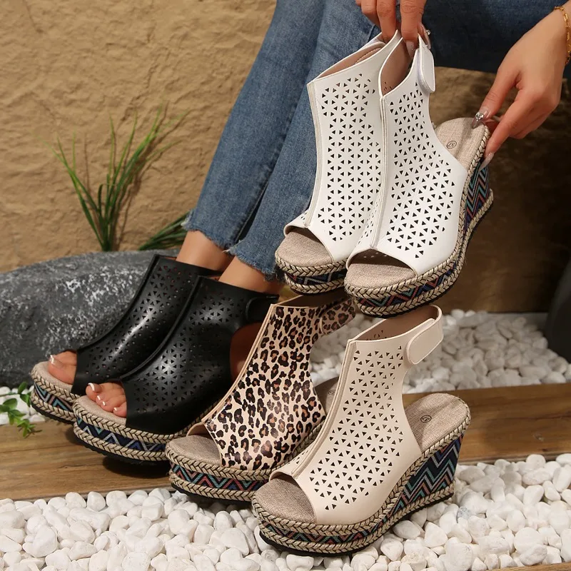 

Wedge-shaped High Heels Sandals for Women Summer Hollow Cool Women's Shoes Large-size Platform Sexy Leopard Print Women's Shoes
