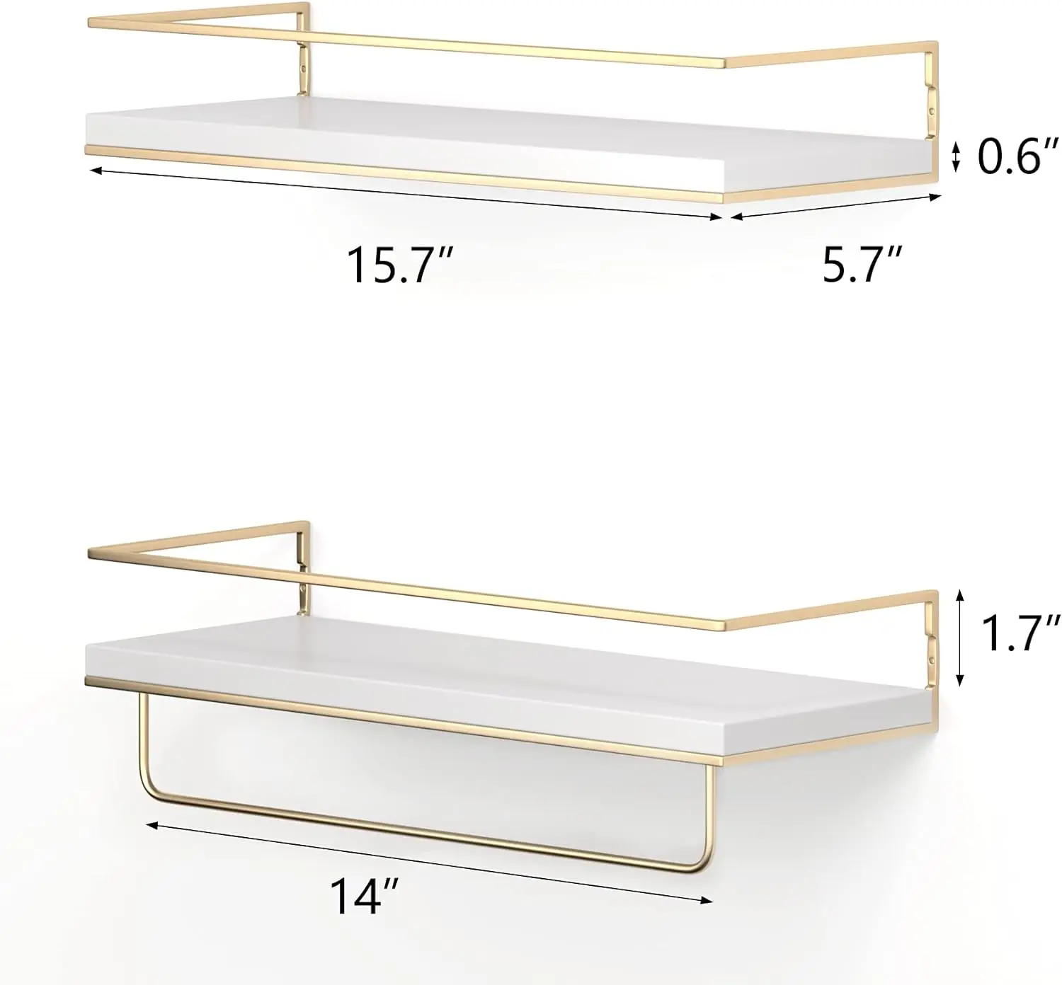 

White Floating Shelves - Set Of 2, Wall Mounted Hanging Shelves With Golden Towel Rack, Decorative Storage Shelves For Bathroom