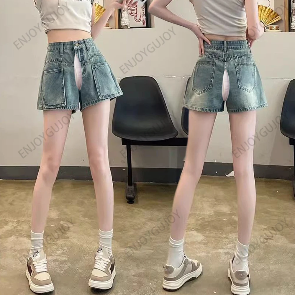 Invisible Open Crotch Outdoor Sex Baggy Pants High Waist Women's Denim Shorts Summer Traf Jeans Wide Leg Overalls Cargo Trousers