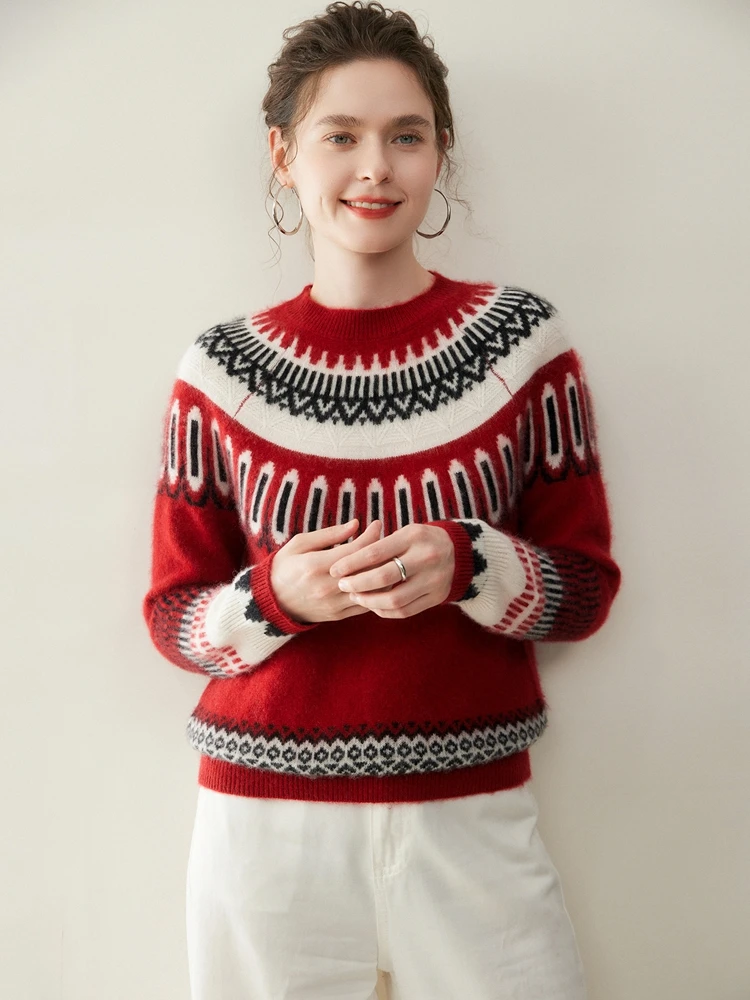 

TLOML Luxury Women's 100% Cashmere Sweater O-neck Thick Pullover Vintage Jacquard Cashmere Knitwear Autumn Winter Soft Warm Tops