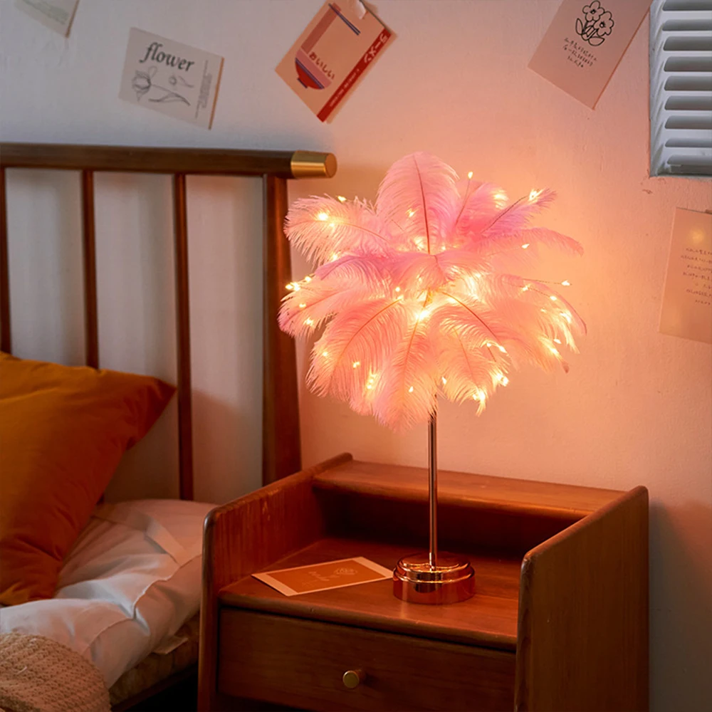 Night Light USB Light Dual-use Rechargeable Battery Power Bedroom Wedding Decoration Bedroom Feather Night light Home Decoration