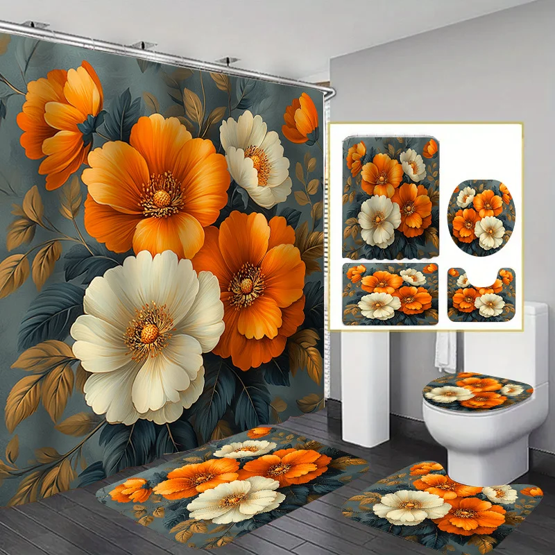 

4pcs Christmas Colorful Flower Print Shower Curtain Set, Decorative Bathroom Set Includes Printed Shower Curtain, Non-Slip