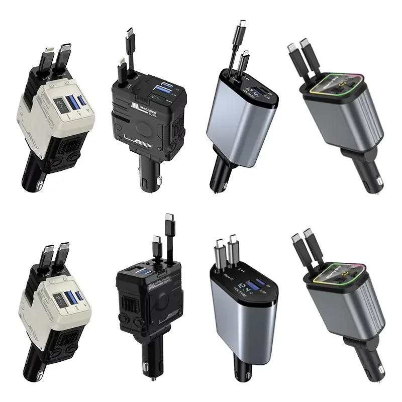 Carregador rápido retrátil do telefone do carro, 4 em 1 adaptador do carregador, 120W, cabos telescópicos, 2 portas USB, iPhone, Samsung