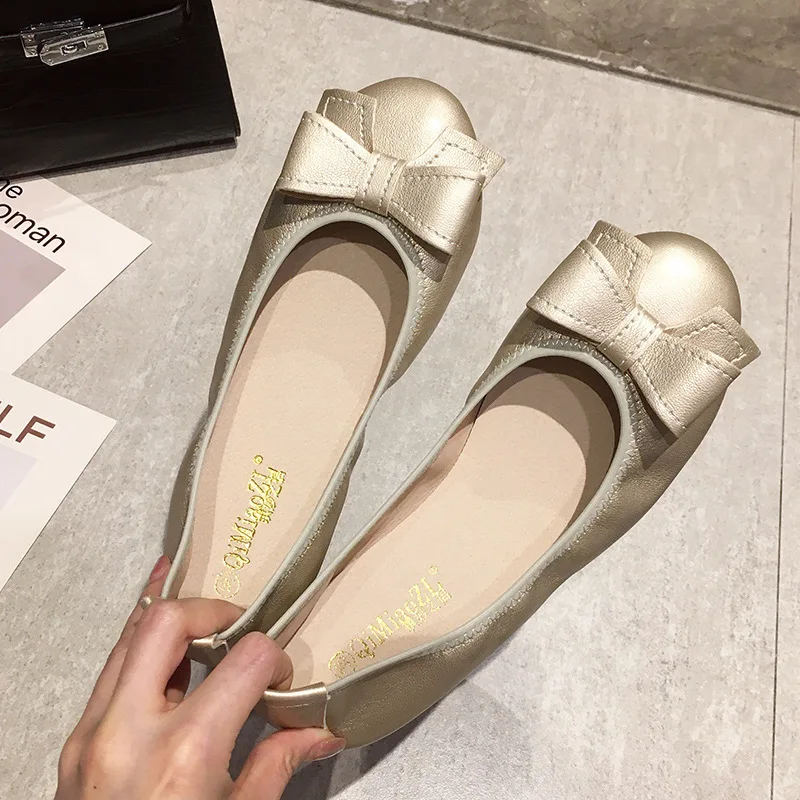 

Women Foldable Soft Round Toe Ballet Flats Butterfly Knot Sweet Comfortable Slip on Flat Ballerinas Shoes Woman PU Leather