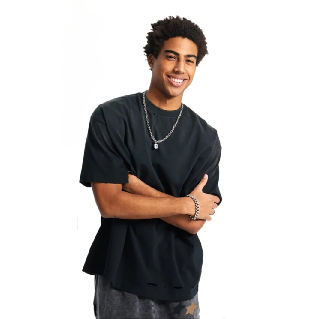 

Men's Black Ripped Oversized T-Shirt Casual Streetwear Distressed Short Sleeve Crew Neck Top
