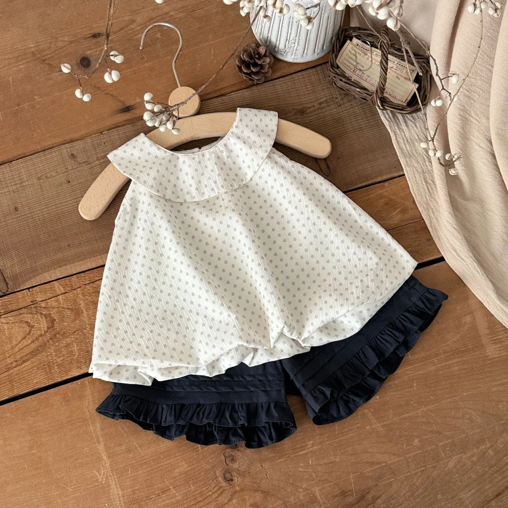 2026 Summer New Girls Sleeveless Floral Shirts Cute Sweet Baby Girl Ruffle Collar Blouse Thin Cotton Infant Toddler Clothes