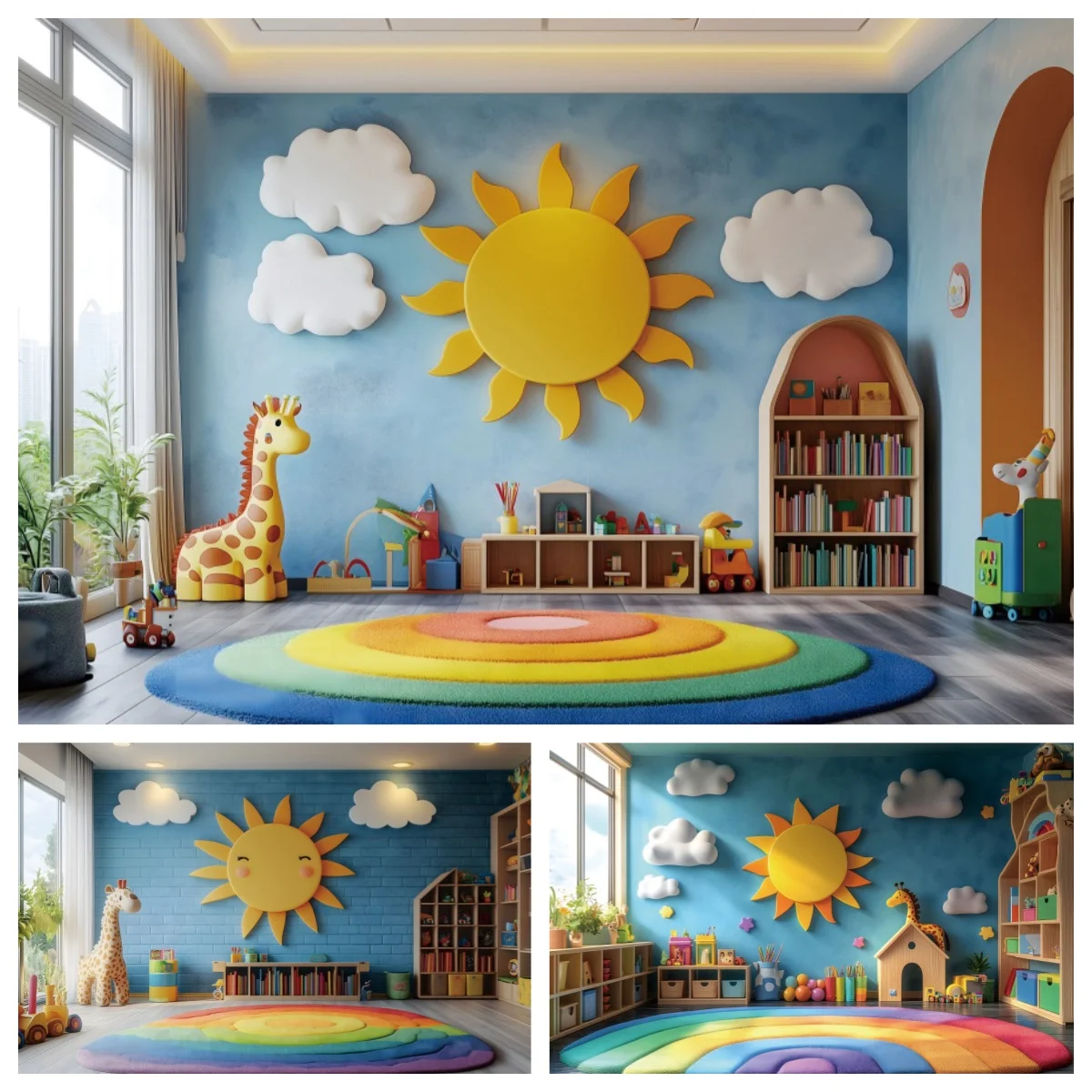 My Kindergarten First Day Background Classroom Bookshelf Giraffe Cartoon Sun Blue Sky Cloud Decor Baby Portrait Photo Backdrop