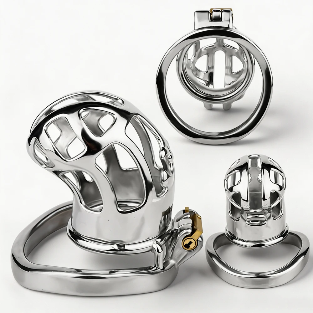 LEZEE Metal Male Chastity Cage With Urethral Hole Hollow Out Penis LockCages BDSM Chastity Locking Rings BDSM Sex Toys For Men