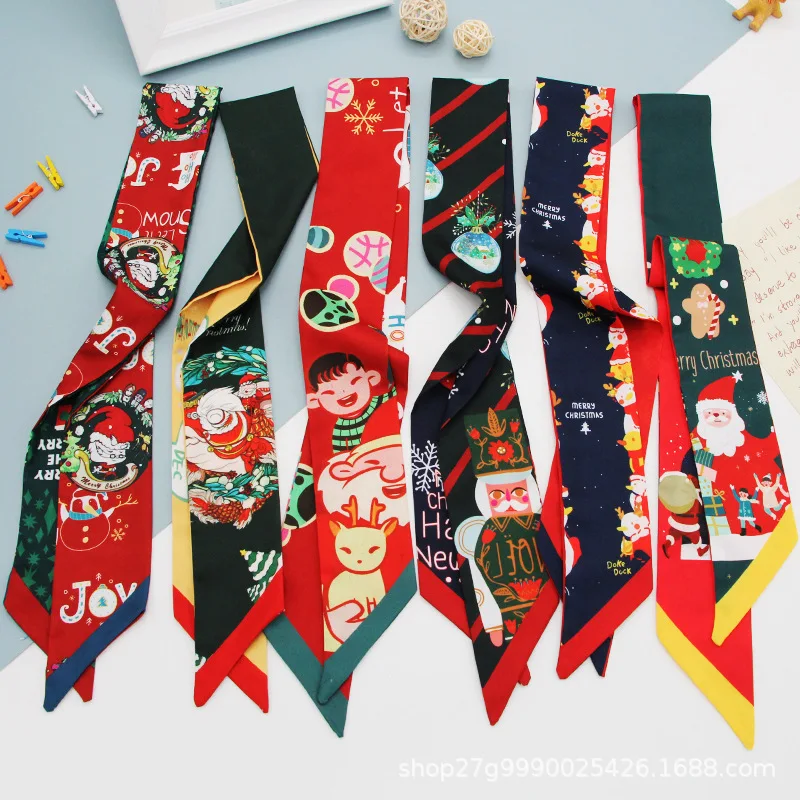 Christmas Series Skinny Scarves Women 2024 New Fashion Women\'s Bag Handle Ribbon Print Hair Scarf Versatile Hair Band Headband