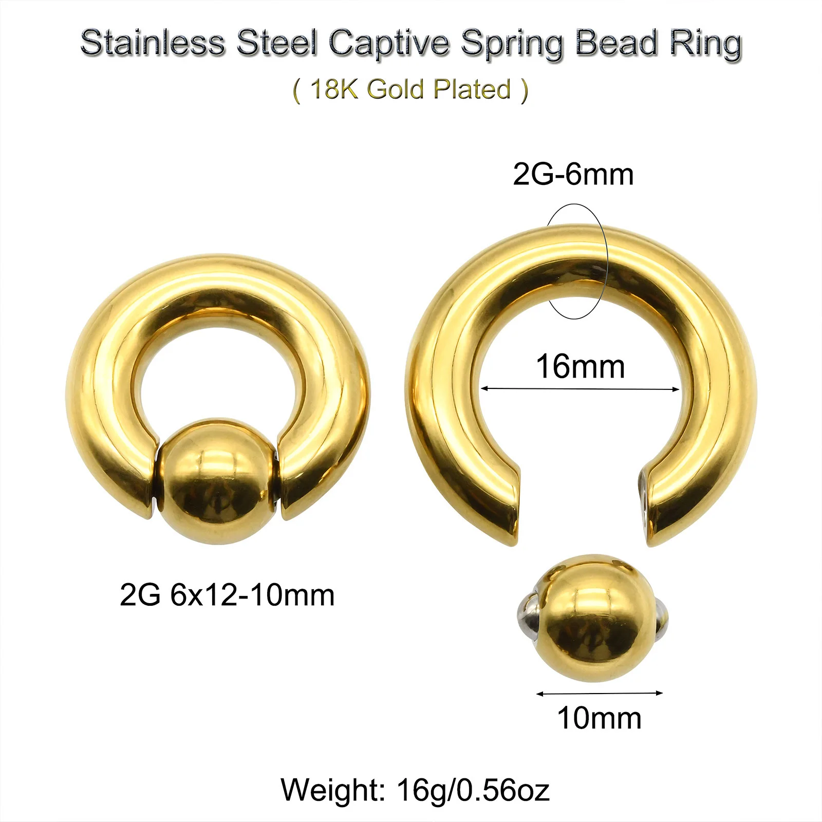 Large Gauge Surgical Steel Septum Piercing Nose Ring, Captive Bead