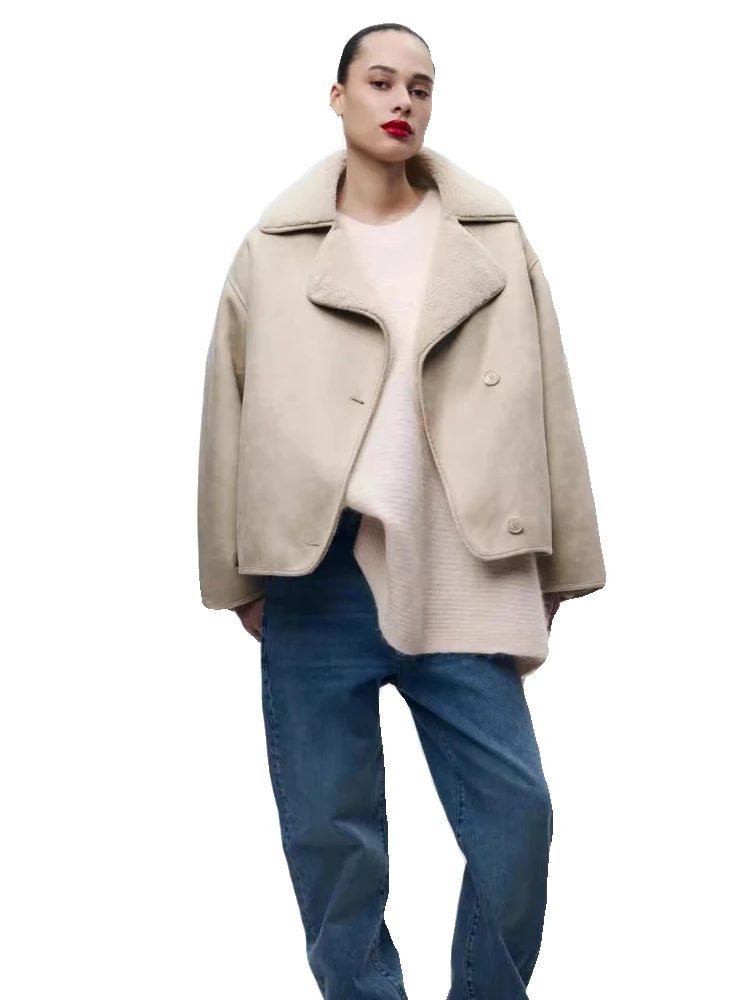 

Winter 2023 Women's Double-Sided Leather And Fur Inteated Loose Jaet Outerwear Sweet Sle Stand Collar Long Sve Coat