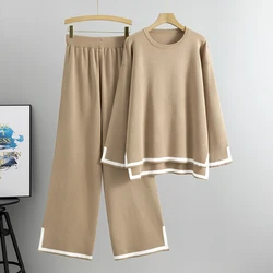 Spring Autumn Women Pullover Pants Sets 2-piece Set Striped O-Neck Sweater Wide Leg Pants Knit Set Fashion Casual Women's Set