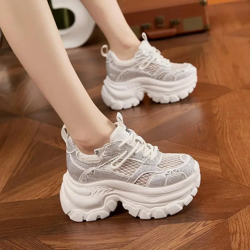

Women's Breathable Mesh Leather Dad Shoes Thick Bottom Sports Shoes Universal Casual Hollow out Diamond Embellished Slip-On