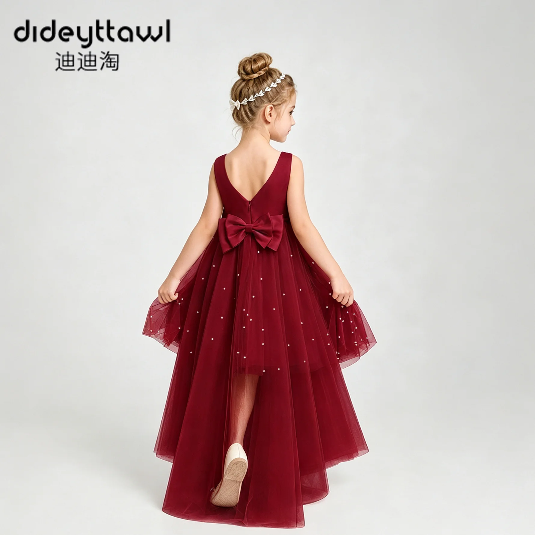 Dideyttawl Satin Pearls Beaded High Low Tulle Flower Girl Dress Multi Color Kids Sleeveless Bow Back Formal Gown for Birthday