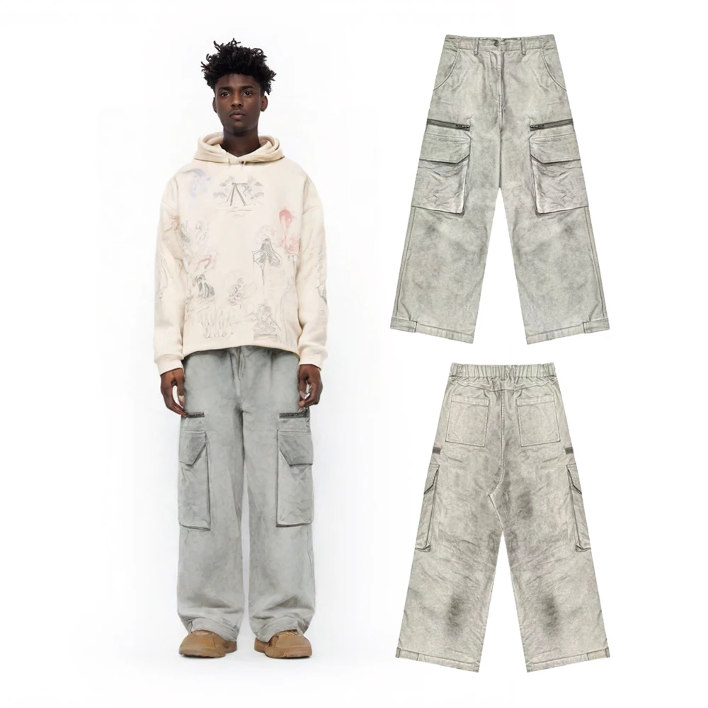 

New Street Wear Zip Pockets Cargo Pants Retro Hip Hop Street Style Distressed Trousers Casual Vintage Men's Clothing Baggy Pants