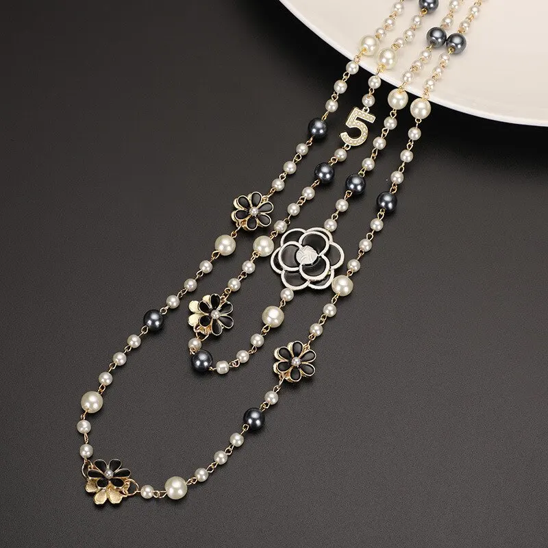 Luxury Vintage Simulated Pearl White and Black Color Long Necklace For Women Double Layers Pendant Sweater Chain Party Jewelry