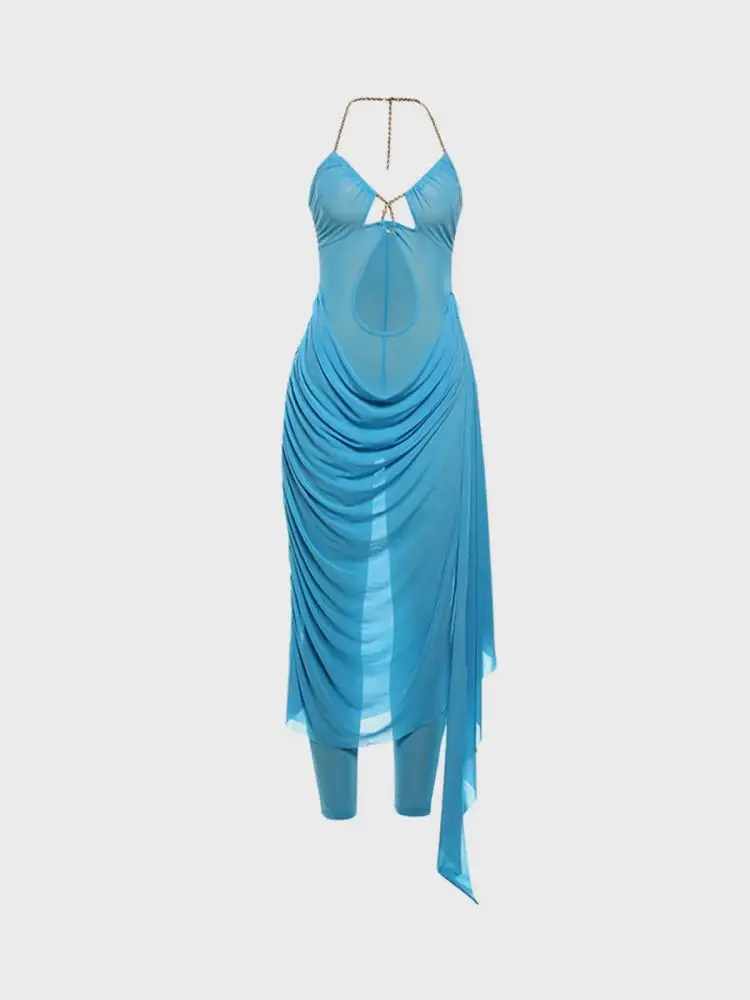 2025年夏新作　セクシーなカットアウトネックライン　スリム効果のある無地プリーツバックレスジャンプスーツドレス