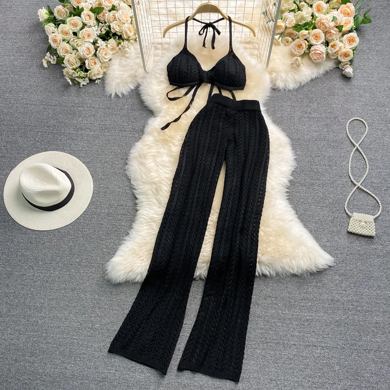 

Beach Vaion Knitted Hollow out Ne Hanging Strap Top Women Sexy Vest Two Piece Set High Waist Casual Pants