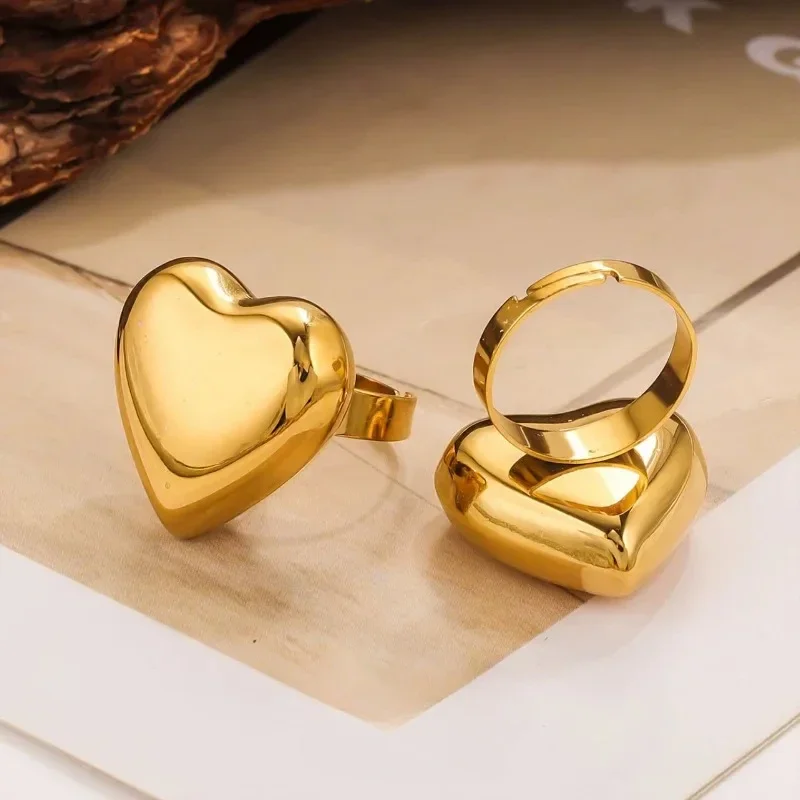 Uorich Simple Popular Stainless Steel Gold Plated Three-dimensional Peach Heart Opening Adjustable Ring for Women Jewelry Gifts