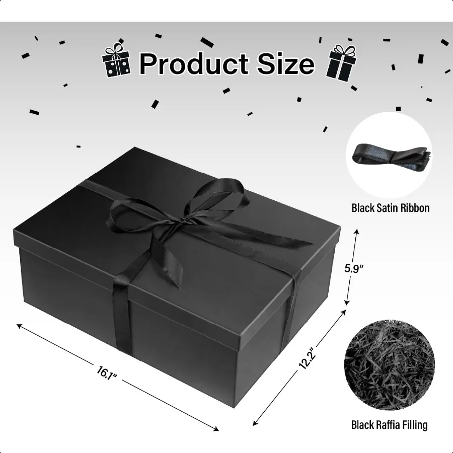 Confezione regalo nera con coperchio per regalo Confezione regalo pieghevole extra large con nastro di carta di riempimento per anniversario di compleanno 16,5x12