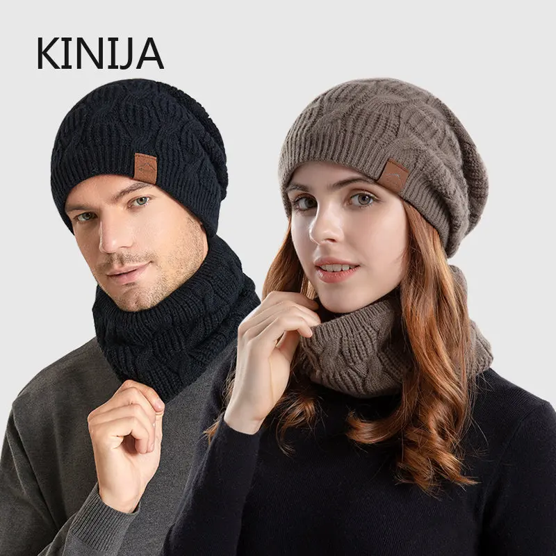 

Winter Hat Scarf Set for Women Fashion Fried Dough Twist Knitting Skull Cap Outdoor Plush Warm Knitted Hat Men Balaclava Beanies