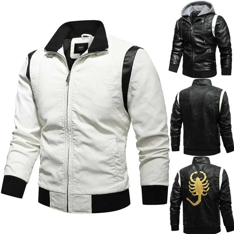 Ryan Gosling Drive Bomber Leather Jacket Men Scorpion Embroidery Hooded PU Leather Jackets and Coats Men Motorcycle