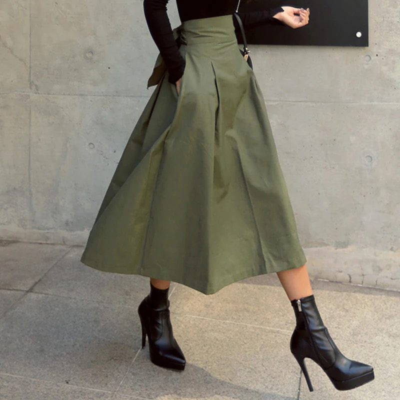 MEXZT High Waist Bow Skirts Women Korean Fashion Solid Big Swing Female A Line Midi Skirts Elegant All Match Slim Skirts