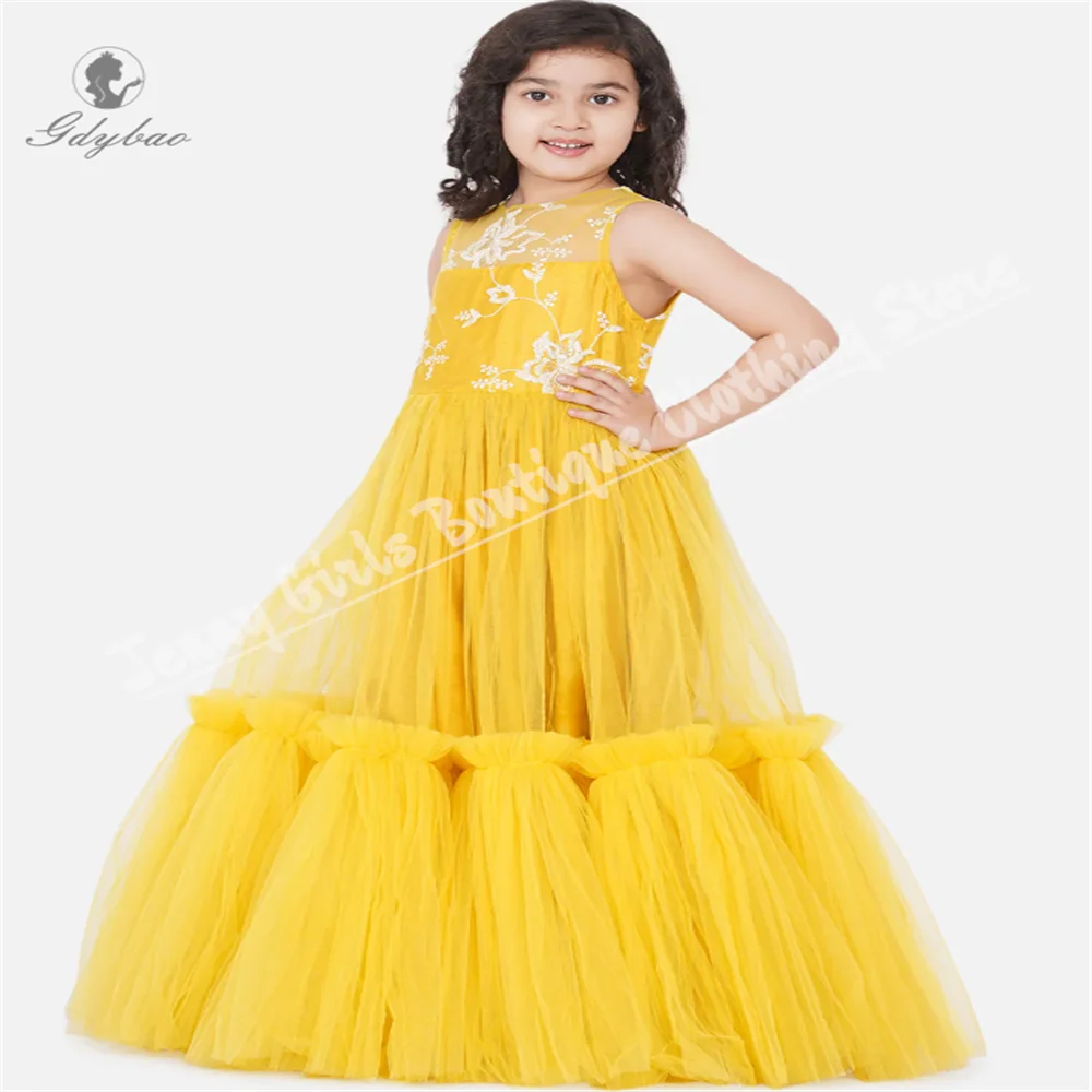 

Elegant Flower Girl Dress With White Lace Appliqué Sleeveless Long Length For Children's Wedding Bridesmaid Birthday Dress