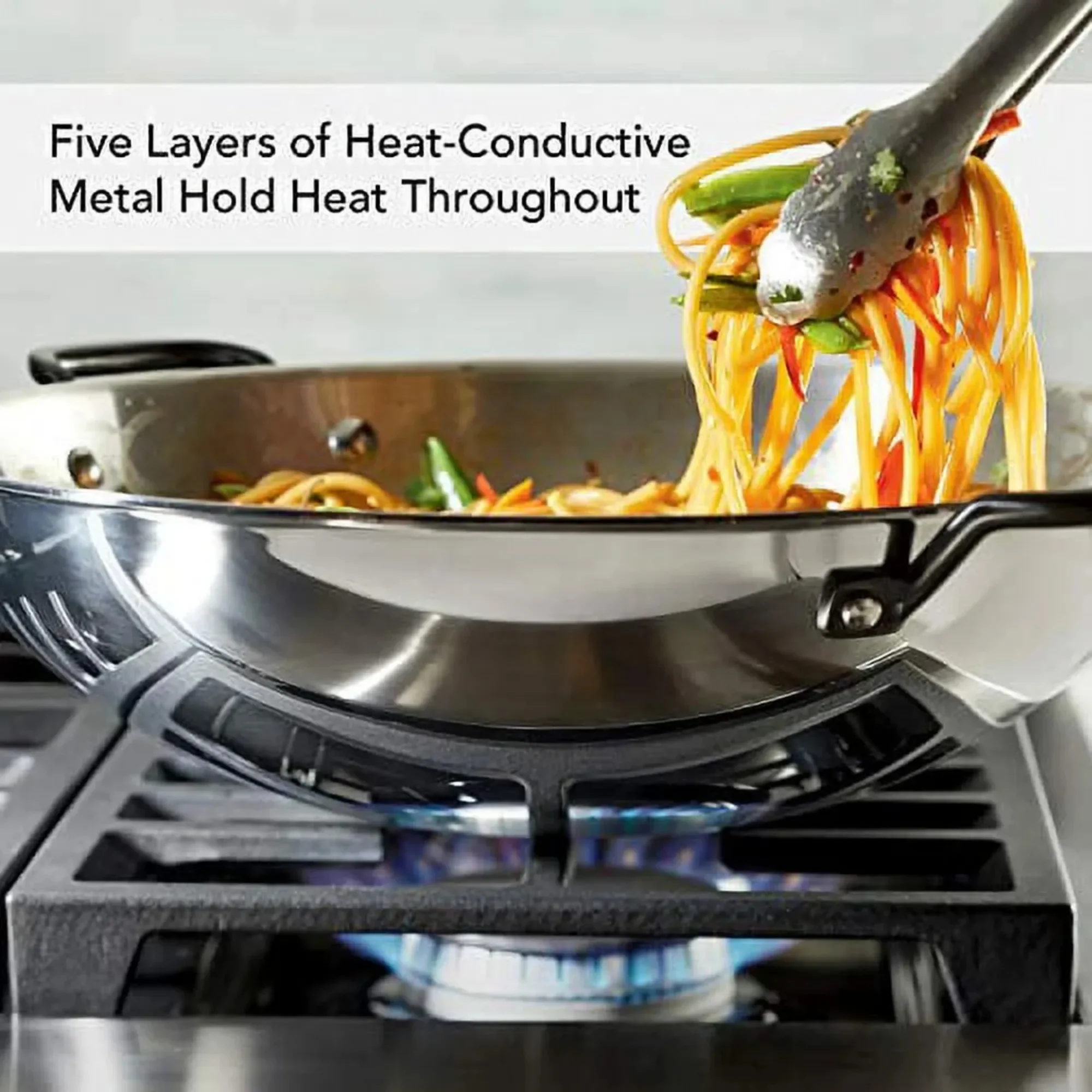 5-Ply Clad 15 Inch Stainless Steel Induction Wok, Dishwasher Safe, Metal Utensil, Broiler and Oven Safe to 500°F