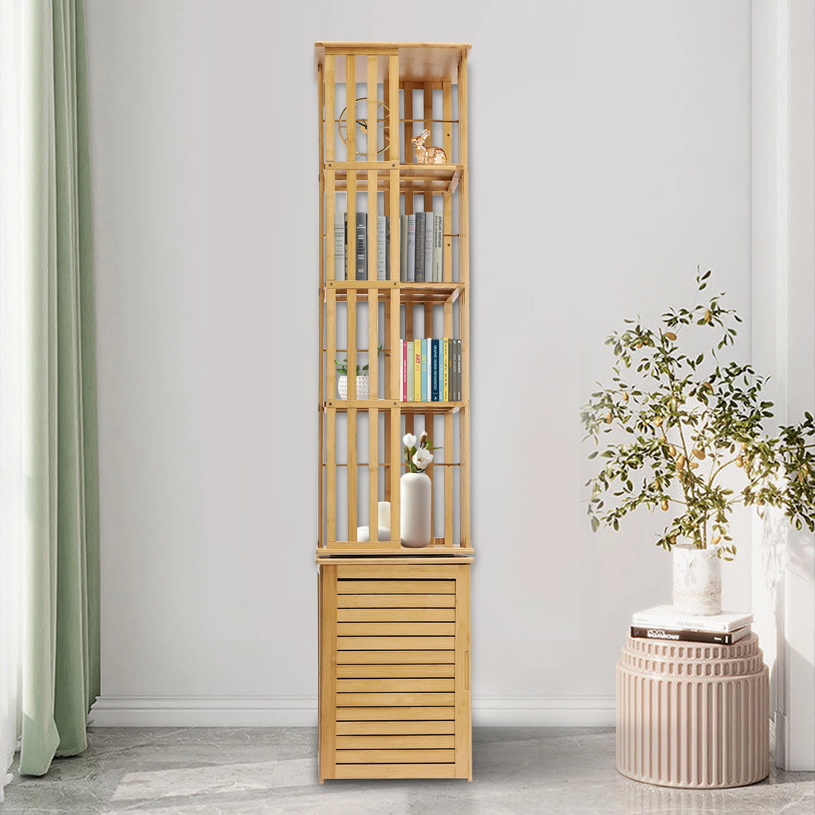 

CNCEST 6-Tier Corner Bamboo Book Shelf 360° Rotating Storage Display Rack Standing Shelves with Open Design Shelving