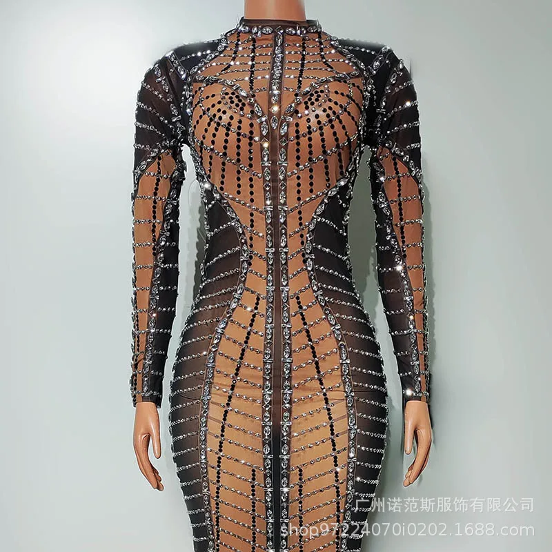 أزياء الماس سلسلة الراقية ذيل السمكة مساء اللباس الأسود الملابس العصرية المنصة أداء الملابس الراقية المطربين الإناث