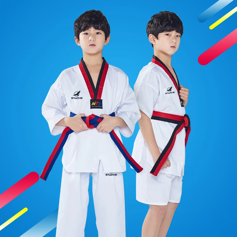 White Cotton Taekwondo Uniforms Karate Judo Taekwondo Dobok Clothes Children Adult Unisex Long Sleeve Suit TKD Clothing