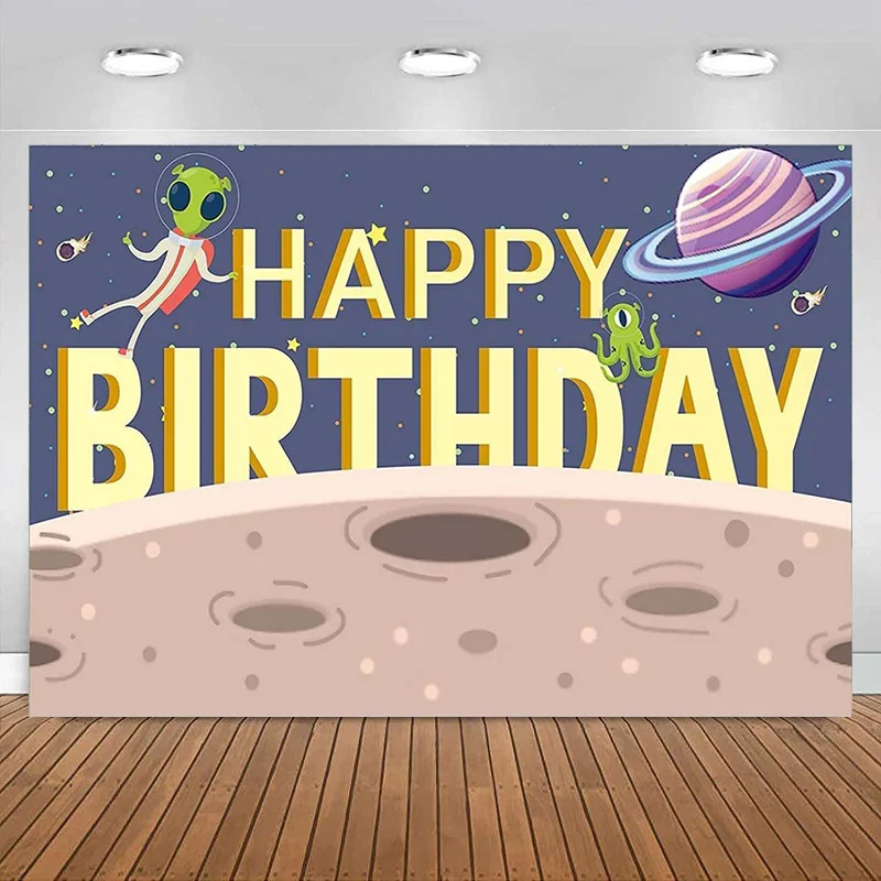 Alien Happy Birthday Party Banner Backdrop ET and UFO Photography Background Outer Space Invaders Decoration for Boys Girls Kids