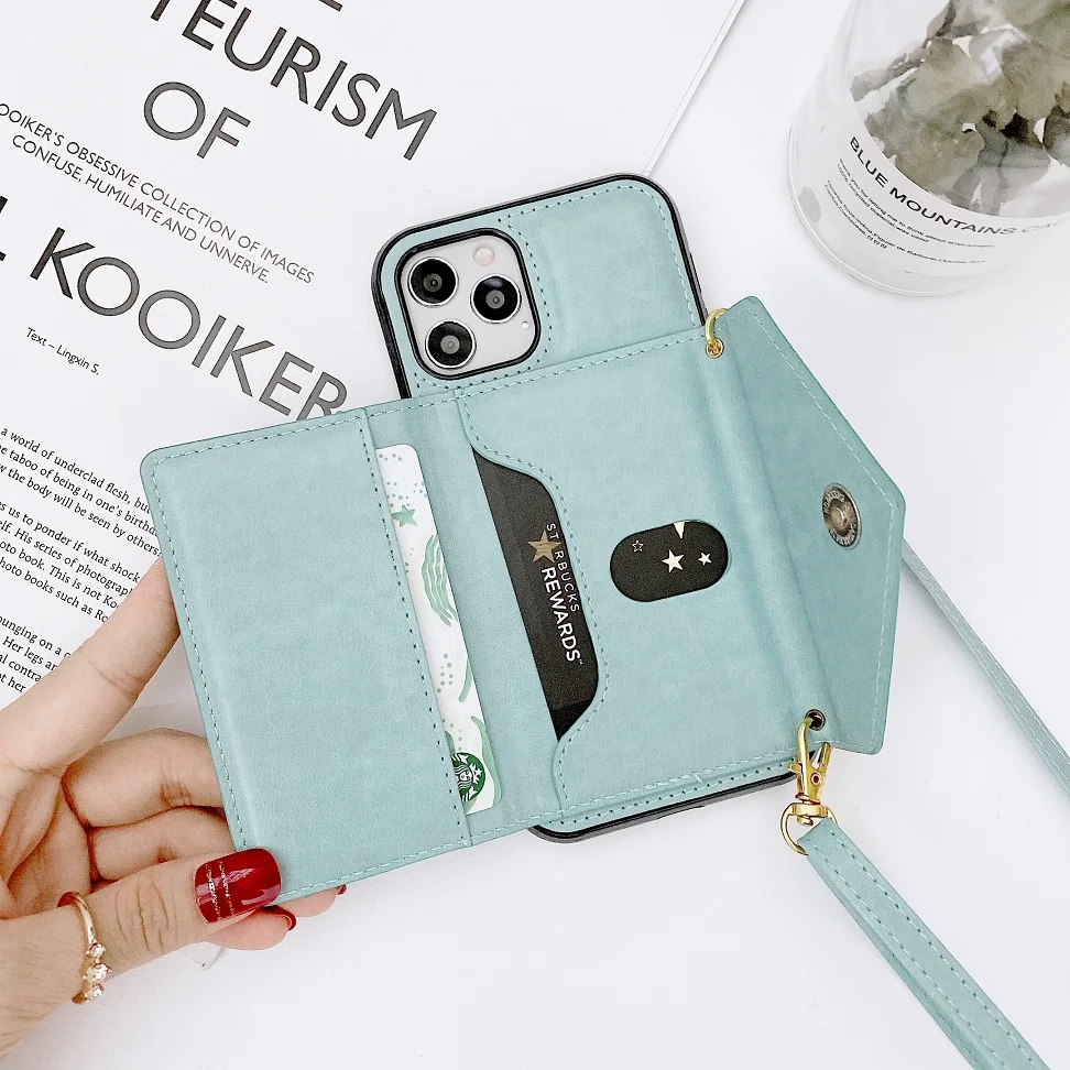 Luxus Leder Brieftasche Karte Slot Fall Für Iphone 16pro 11 12 13 14 15 16 Plus ProMax X Xr Xs Lanyard Strap Halter Telefon Tasche Abdeckung