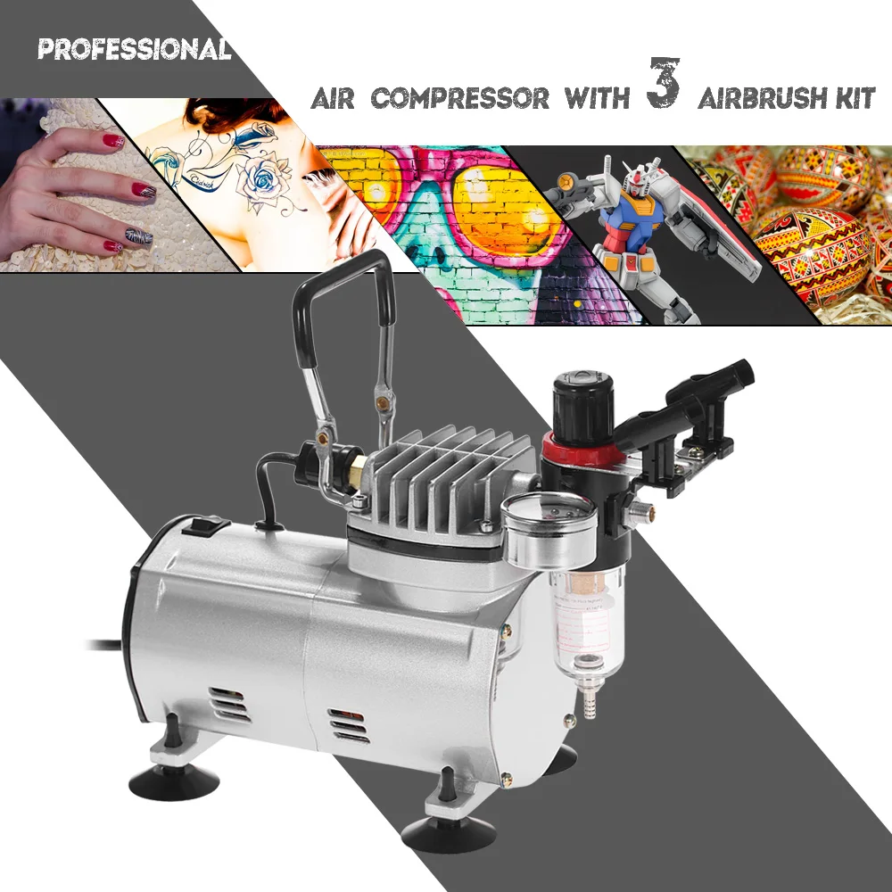 Professional 3 Airbrush Kit With Air Compressor Hobby Spray Air Brush Set Tattoo Nail Art Paint Supply w/ Cleaning Brush