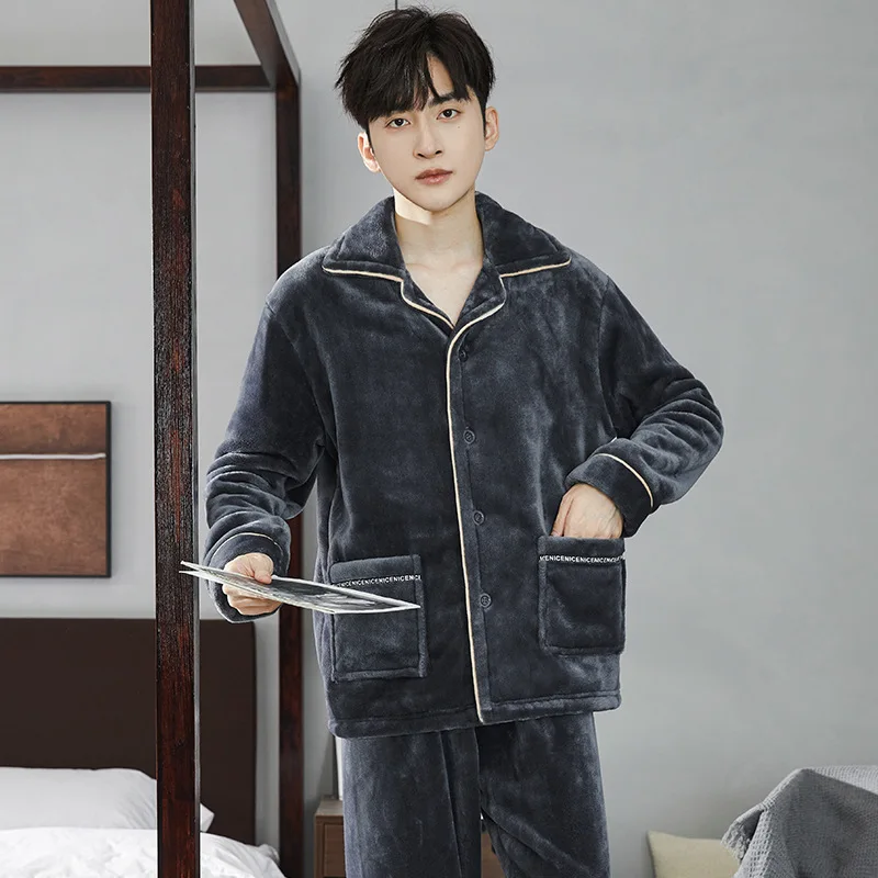 Men Warm Flannel Autumn Winter Pajamas Turn-down Collar Long-sleeved Trousers Two-piece Set Loose Comfortable Sleepwear Suit