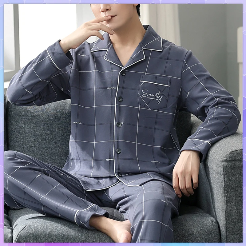 Plaid Pajamas For Men's 2 Piece Cotton Pajama Set Spring Autumn Pijamas Large Size Sleep Shirts Leisure Homewear Suit Пижама