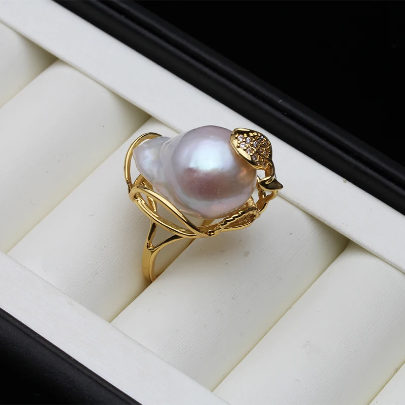 

2023 New Freshwater Natural Baroque Pearl Ring For Women,Trendy Adjustable Big Pearl Ring White