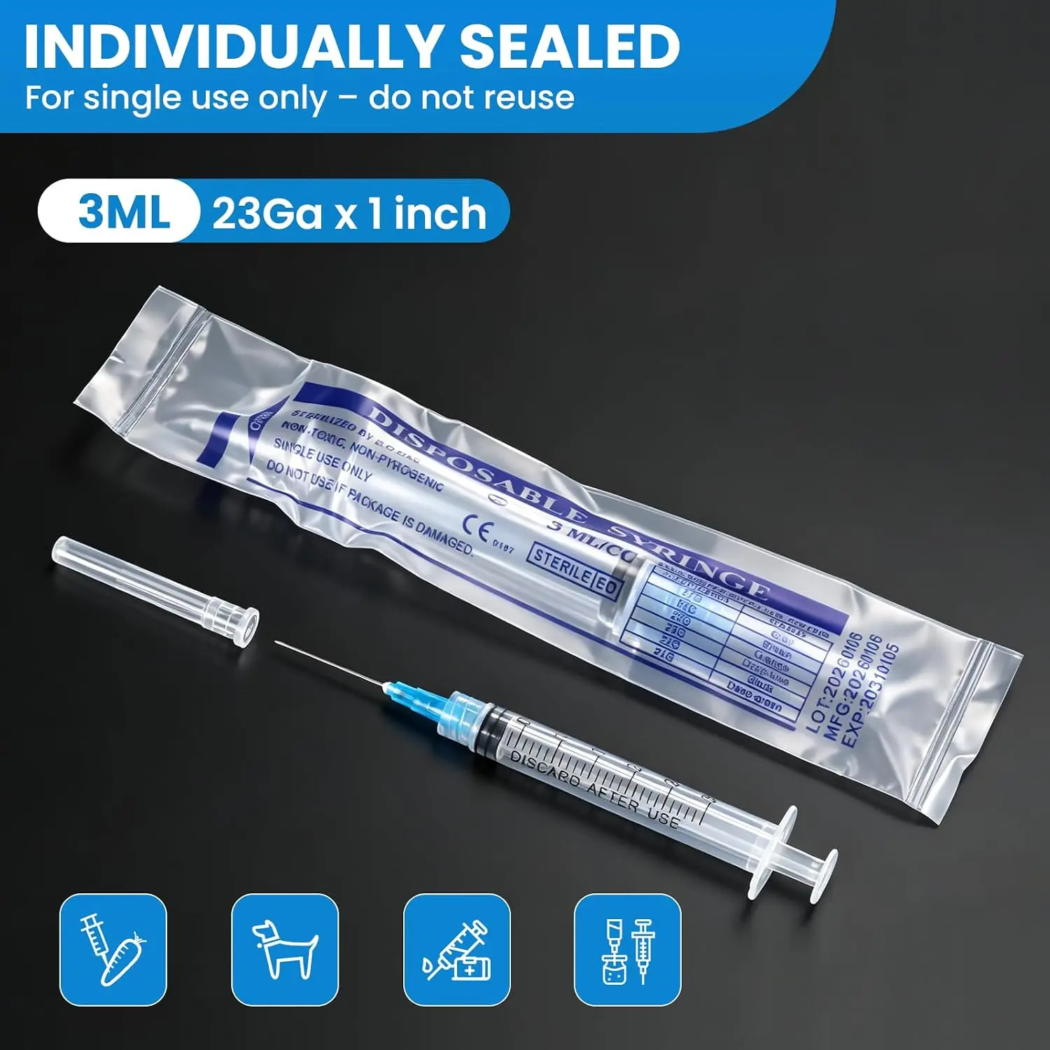 100/60/30pcs 3ml 23g 1in Luer Lock Lab Supplies,Dispensing Liquids