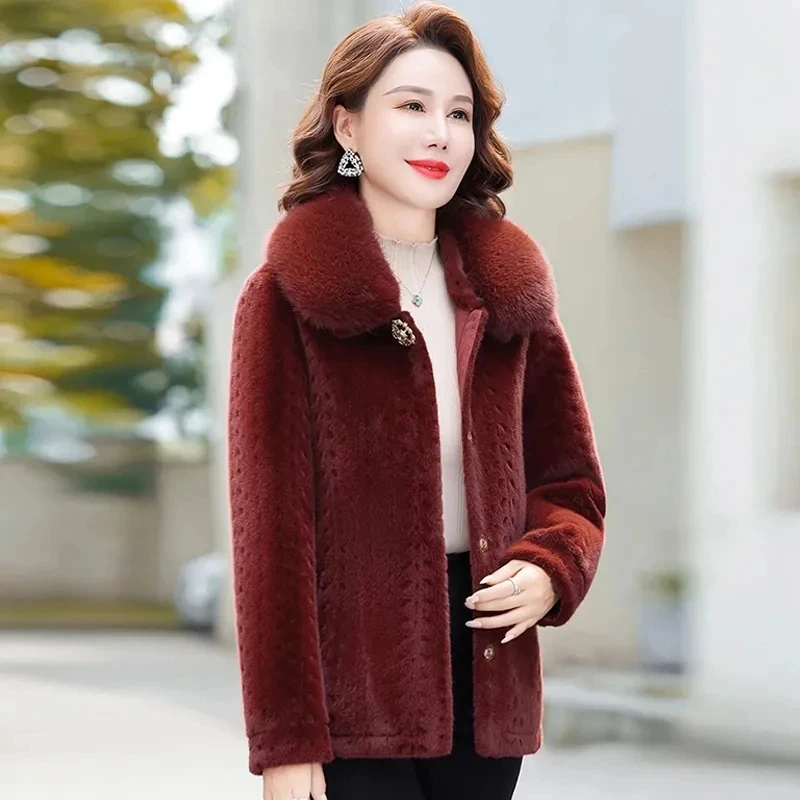 Winter Noble Mother's Fur Coat High Quality Thicken Imitation Mink Cashmere Coat Middle Aged Women Woolen Overcoat Fur Jackets