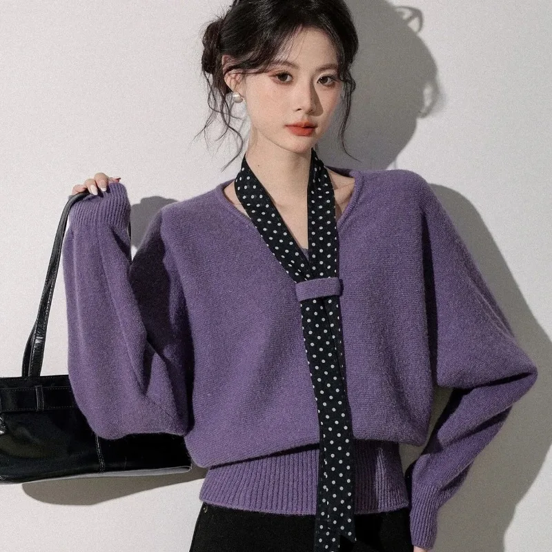 Women's Autumn Winter Graceful Dot Tie Sweater New Lady Fashion V-Neck Long Sleeve Knit Pullover Tops Trendy Knitwear Female