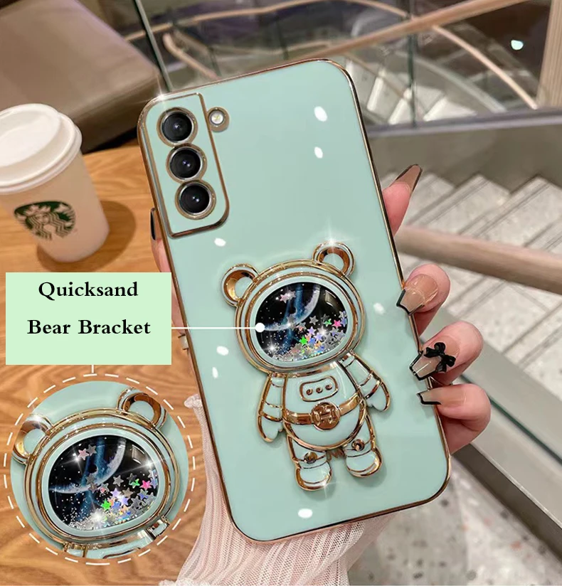 Cute Bear bracket Plating Phone Case For Samsung Galaxy S25 Edge S21 S20 FE Note 20 10 Plus S23 S22 S24 Ultra S25 Plus Cover