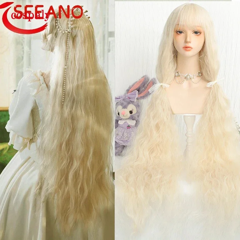 SEEANO 110Cm Synthetic Long Curly Cosplay Wig With Bangs Blonde Red Brown Pink Lolita Wig Women Halloween Cosplay Wigs Female