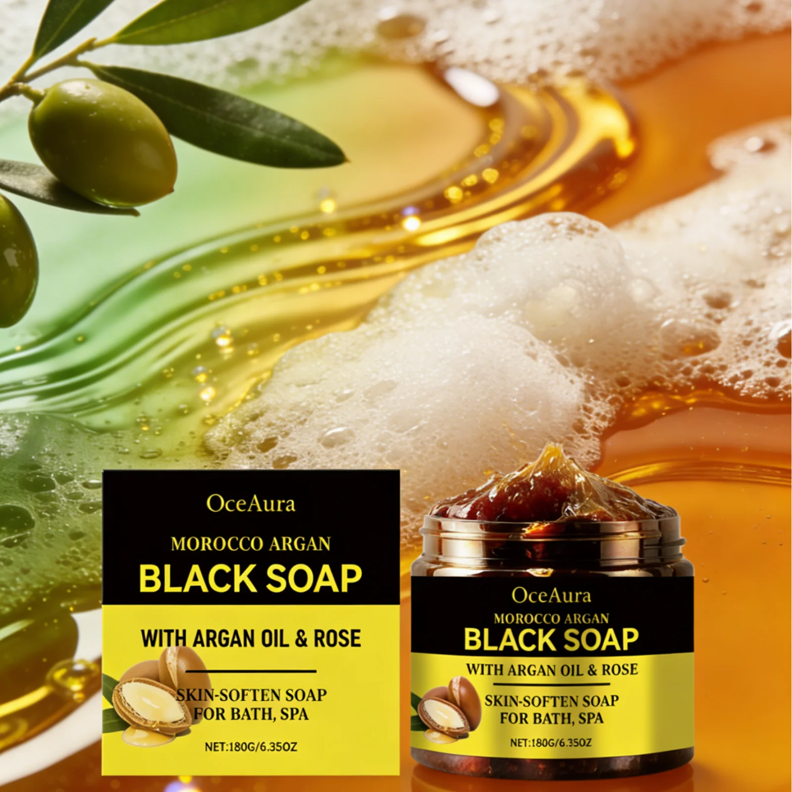

OceAura Black Soap Morocco Argan Oil Exfoliating Body Smooth Soft Professional Skin Cleaning Spa Rose Flower Oil Bath Soap 180g