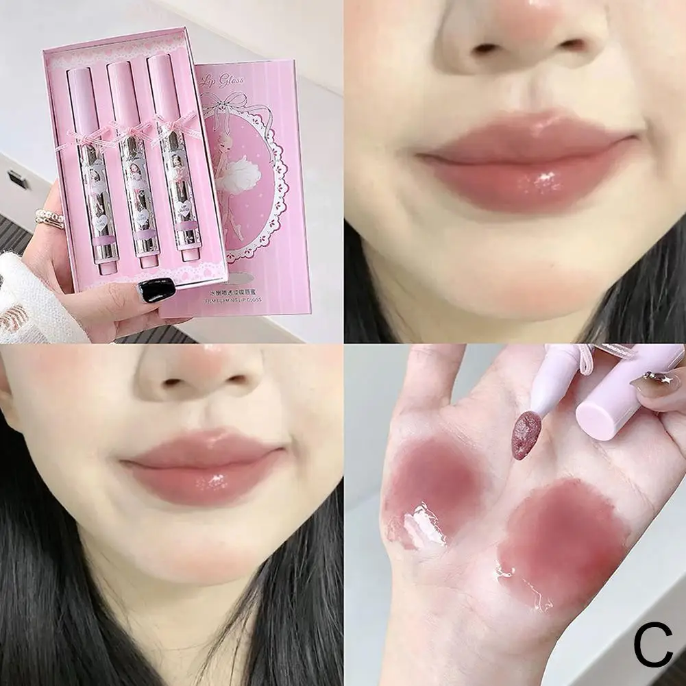 Juego de maquillaje de brillo de labios de cristal con espejo de Ballet para niñas, tinte de cabeza de labio de agua, gelatina, película de esponja resistente al agua, esmalte de vidrio que forma labio K G8D9