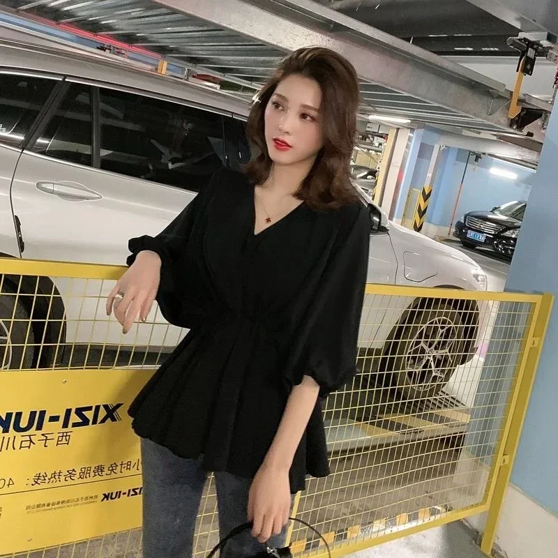 สีเขียวหลวมสีขาวชีฟองสําหรับผู้หญิงสีดําผู้หญิงเสื้อแขนสั้น V คอเสื้อผ้า M เสนอแนวโน้มยอดนิยม JJ524